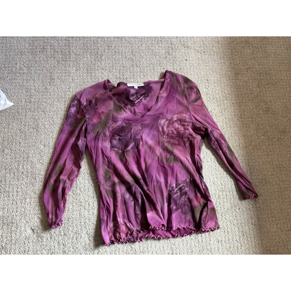 Victor Carlini Size L‎ Floral Mesh Top Long Sleeve Pink Purple Lettuce Trim Y2K
